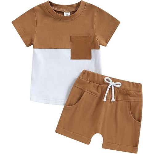 Baby Toddler Boy Clothes Summer Outfits 6 12 18 24 Months Patchwork Short Sleeve T Shirt & Shorts Sets with Pockets