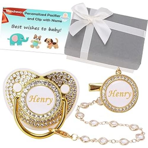 Personalized Pacifier with Name, Customized Pacifier Clip Set with Gift Box, Glitter Crystal Luxurious Soother Dummy Ideal Gift for Boys Girls Baby Shower Newborn Photography(Bling Gold)