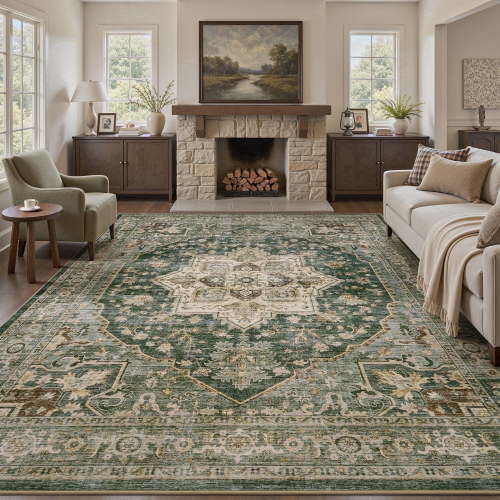 FEELHOME 5'x7' Vintage Area Rugs, Washable Rug for Living Room Bedroom Dining Room, Soft Carpet Non-Slip Indoor Rug for Office, Floor Rug for Home Decor Green