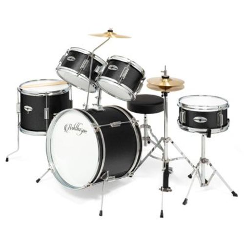 Ashthorpe 5-Piece Complete Kids Drum Set with Brass Cymbals, Junior Beginner Drum Kit - Black