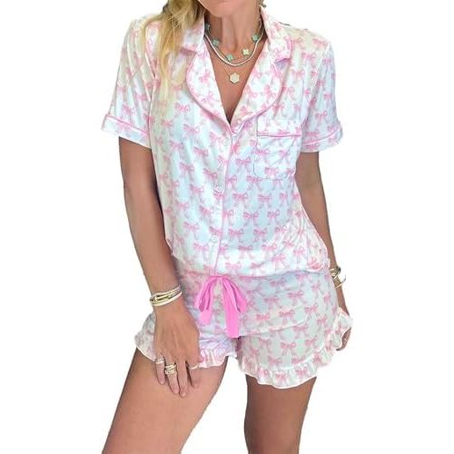 KevaMolly Womens Christmas Lounge Sets Candy Cane Print Pocketed Knotted PJ Set Short Sleeve Xmas Top and Shorts