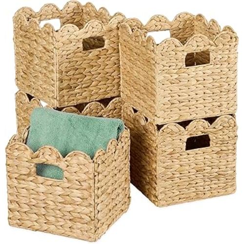 Best Choice Products 10.5x10.5in Scalloped Hyacinth Baskets, Set Of 5 Multipurpose Collapsible Storage Organizer, Handwoven Laundry Totes for Bedroom, Living Room, Shelves – Natural