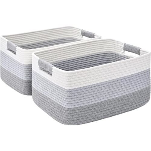 2 Pack Large Storage Basket for Organizing, 17.5"x13"x7" Woven Basket for Shelves, Closet Cube Storage Bins with Wrapped Handle, Cotton Rope Baskets for Kitchen, Clothes, Toys(Gradient Grey)