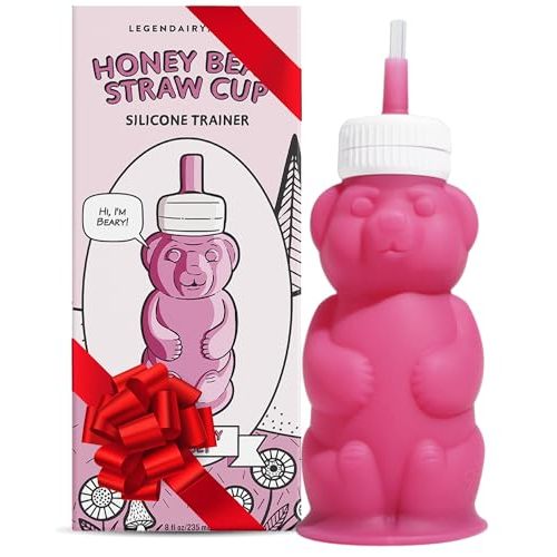 Legendairy Milk Honey Bear Straw Cup Silicone for Babies (Pink), 8 oz. Dishwasher Safe, Food Grade Silicone, Honeybear Sippy Cup for Ages 4+ Months