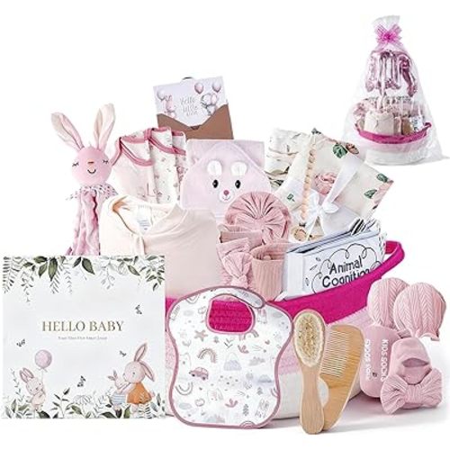 25-Pcs Luxury Baby Girl Gift Basket Set, Pink (0-12M Newborn) | Premium Baby Shower Gifts with Keepsake Memory Book. Ultimate Newborn Essentials in Woven Basket for Unforgettable Welcome Mom Gift