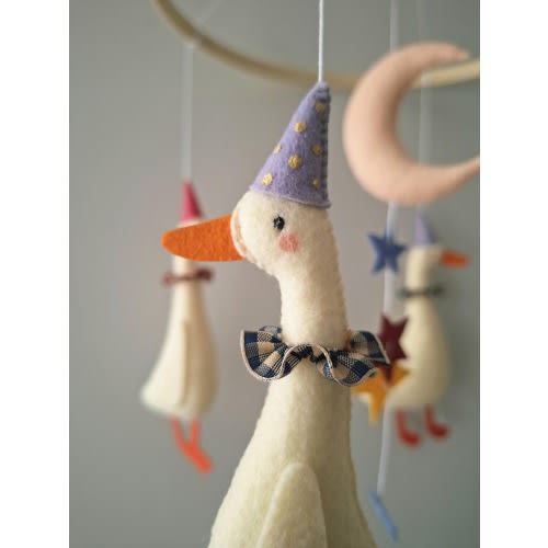 Felt Goose Baby Mobile – Vintage Circus Nursery Decor, Moon, Stars - Baby Gift