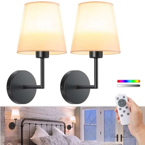 VOLISUN Battery Operated Wall Sconce Set of Two,Black Wireless Sconces Set of 2 Rechargeable,Battery Operated Wall Lights for Bedroom Living Room Hallway(9 Colors)