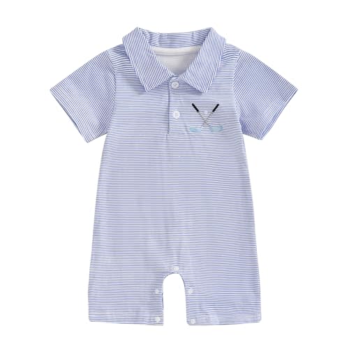 Dewadbow Baby Boy Summer Outfit Short Sleeve Embroidery Collared Romper Lapel Button Striped Bodysuit Jumpsuit Clothes