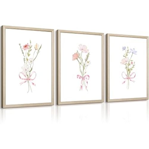 Girl Flower Bow Wall Art Coquette Pink Floral Canvas Wall Decor Nursery Wildflower Poster Aesthetic Flower Pictures Soft Pink Bow Prints Cute Floral for Teen Girls Bedroom 12x16 Inch Framed 3Pcs