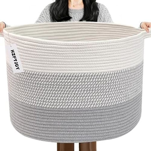 65L Large Blanket Basket,Woven Rope Laundry Basket Hamper with Handles,Decorative Nursery Basket Storage Bin for Toys, Pillows, Clothes Organizer, Living Room, Bedroom, Bathroom, Grey