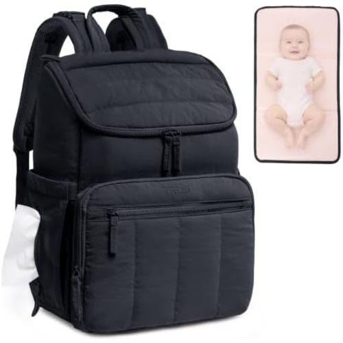 Puffy Diaper Bag Backpack for Mom, Lightweight Quilted Baby Bag with Waterproof Changing Pad, Large Travel Diaper Backpack with Insulated Bottle Pockets, Wipes Pocket, Stroller Straps
