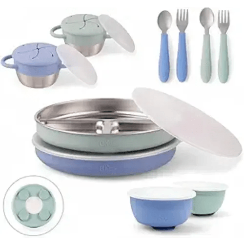 Elk and Friends Kids Stainless Steel Mealtime Bundle | Plates, Bowls, Snack Cups + Toddler Utensils | Silicone Suction Sleeves + Travel Storage Lids | For Meals + Snacks | Dishwasher Safe