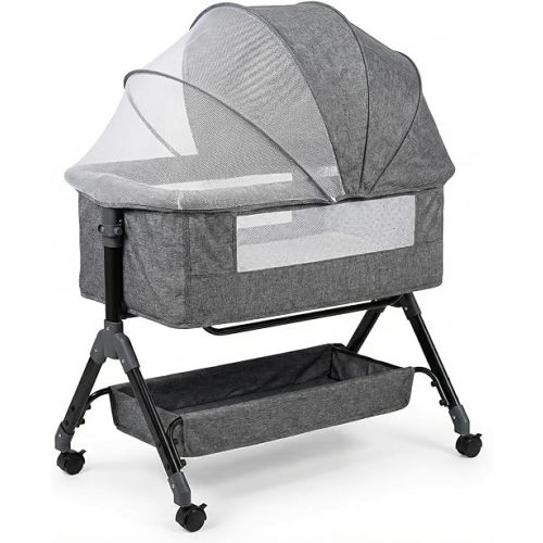 Baby Bassinet with Rocking Function, Breathable Mesh Sides, Portable Bassinet with Wheels & Storage Basket, Newborn Infant Crib (0–24 Months)
