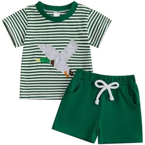 Finegoodwei Toddler Baby Boy Summer Outfits Short Sleeve Embroidered T Shirt Tees + Striped/Plaid Shorts Infant Clothes Set