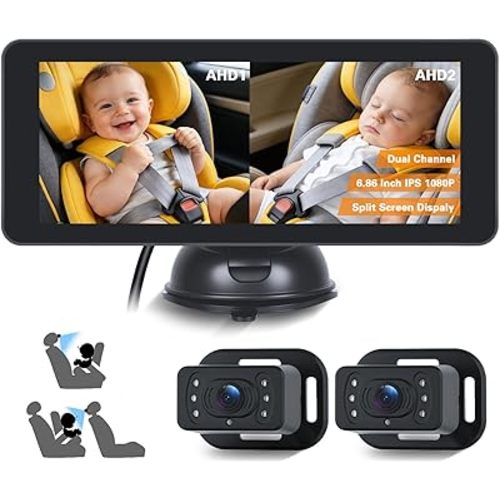 2026 Upgraded Dual Baby Car Camera for 2 Kids[1280P IPS & 940nm IR Night Vision] 360° Rotation & 150° Wide View Rear Facing Baby Car Backseat Monitor Fits Cars/SUVs/Trucks