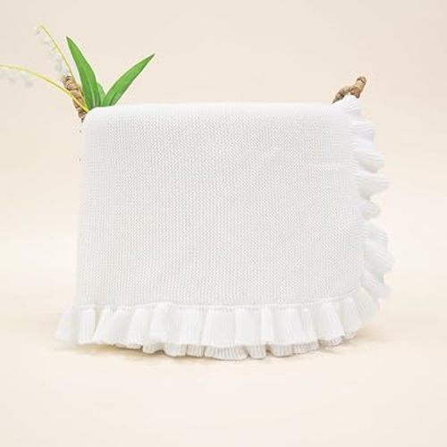 Ruffle Knit Blanket for Baby - 100% Luxury Soft Cotton Knit Warm Cozy Cuddle Stroller Crib Blanket for Newborns, Infants, & Toddlers (White)