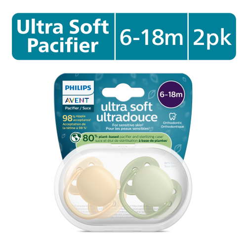 Philips Avent Ultra Soft Pacifier 6-18M, Beige / Pastel Warm Green, 2 Pack, SCF091/45