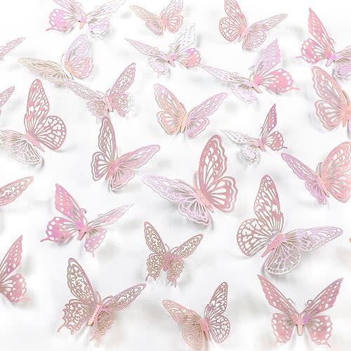 Phuryllic Butterfly Wall Decor, 48pcs 3D Butterfly Stickers in 3 Sizes & 4 Styles for Balloon Arch & Cake Decorations, Cute Decals for Girls Room & Birthday Party, Laser Pink