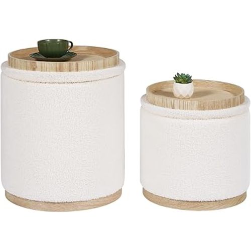 PINPLUS Ensemble de 2 poufs ronds avec rangement, pouf de rangement avec plateau, cube de rangement en boucle, repose-pieds moderne multifonctionnel pour la chambre, le salon, le dortoir (blanc)