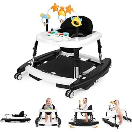 5-in-1 Music and Lights Baby Walker Foldable with 5 Adjustable Heights, Baby Walker with Wheels and Bouncer Combo Portable, Infant Toddler Walker for Baby Boy Girls 6-18 Months