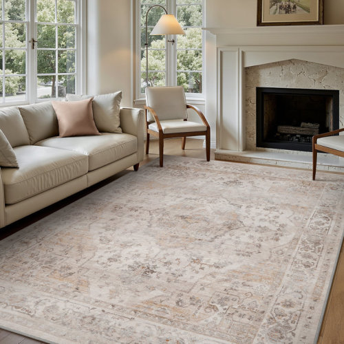 Ultra Soft Beige Machine Washable Oriental Area Rug For Living Room, Bedroom