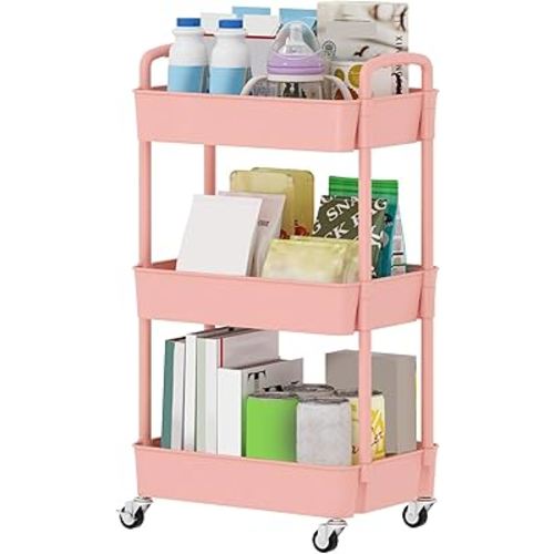 Sywhitta 3-Tier Plastic Rolling Utility Cart with Handle, Multi-Functional Storage Trolley for Office, Living Room, Kitchen, Movable Storage Organizer with Wheels, Pink