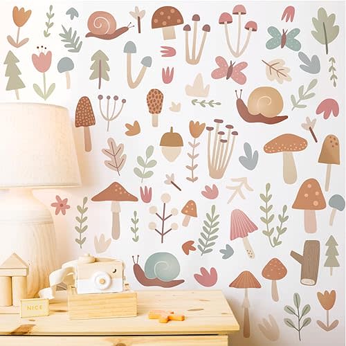 Woodland Mushroom Wall Stickers Boho Nursery Wall Decals Peel and Stick Forest Woodland Boho Wall Stickers Cute Mushroom Wall Decals for Kid Room Baby Bedroom Nursery Decor