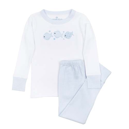 Baby Fish Applique Long Pajamas - Light Blue