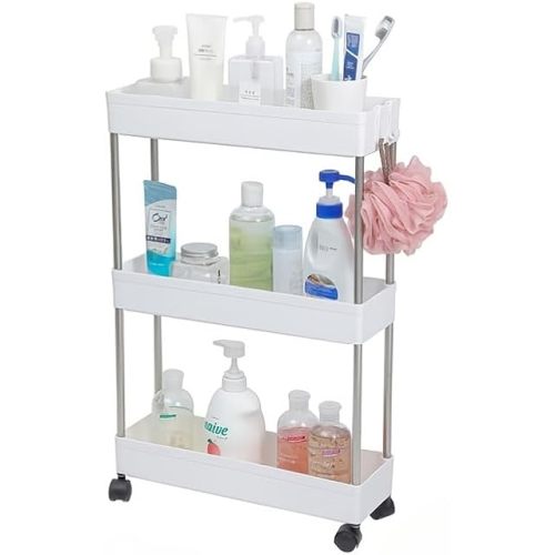 3 Tier Slim Storage Cart, Rolling Utility Cart for Home Office Narrow Corner, Space Saving Movable Organizer Bathroom Kitchen