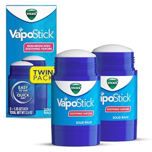 Vicks VapoStick, Solid Balm, No Mess, Soothing Non-Medicated Vicks Vapors, Easy-To-Use No-Touch Applicator, Quick Dry, Lightweight Skin Feel, 1.25oz x 2