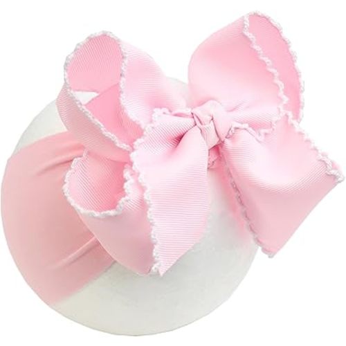 6'' Jumbo Pink Baby Girls Bow Headbands, Handmade Grosgrain Moonstitch Boutique Baby Headwraps, Super Stretchy Soft Nylon Headbands for Newborns, Infants & Toddlers