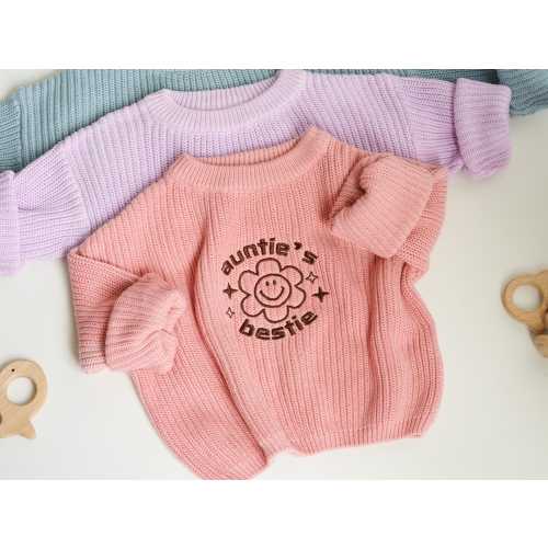 Embroidered Organic Cotton Baby Sweater, Auntie's Bestie Gift