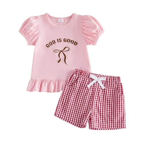 Toddler Baby Girl Summer Clothes Short Sleeve God is Good Smocked T-Shirt Tops Plaid Shorts Sets Infant Outfits