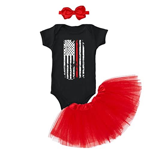 Red Line American Flag - Support Firefighters Baby Bodysuit + Tutu Skirt + Bow Headband Set