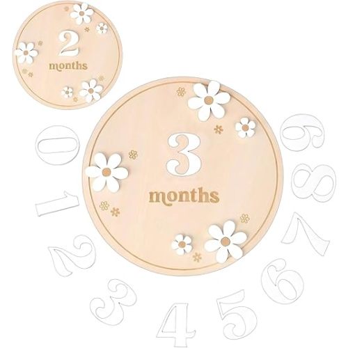 Baby Monthly Milestone Signs, Wooden Daisy Baby Monthly Milestone Cards Blocks with 1-12 Months Number, Babys Announcement Sign Photoshoot Props for Babys Growth Recording (Round)