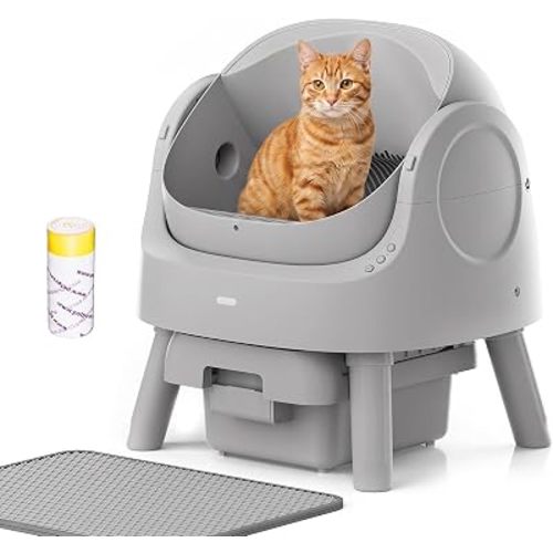 Mimfam Automatic Self Cleaning Litter Box, with 4 Pairs Infrared Senor, Open-Top Design for Multi-Cat Homes, Comes with Liner Bags and Cat Litter Mat, Grey