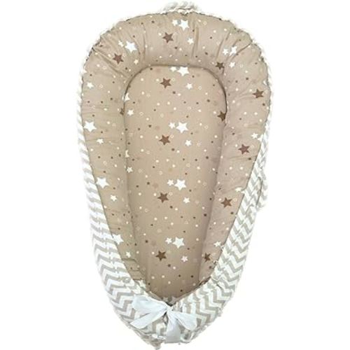 Baby Nest, Baby Lounger, Organic Cotton Lounger for Baby, Reversible Breathable Adjustable Portable - Star Collection (Tan)