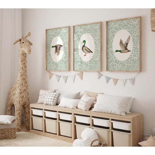 UNFFRAMED Mallard Duck Nursery Wall Art Set Of 3, Flying Duck Posters, Sage Green Baby Room Decor, Country Farmhouse Room Art, S028 Set 3 Prints 8x12