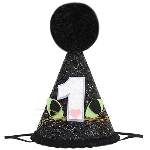 LINGANA Black Cat 1st Birthday Hat - Animal Themed First Birthday Decorations,Black Glitter Cone Hat Photo Props,One Spooky Cat Party Headwear,Halloween Party Cake Smash Decorations