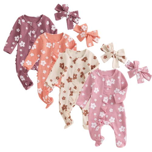 Bellafa Baby Girls Footies Ruffle Zip Up Onesie Romper Newborn Infant Floral Knit Jumpsuit with Headbant 2 Piece Coming Home Outfits