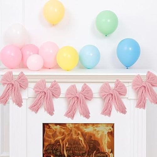 Large Pink Bow Garland Banner, Pink Bow Party Decoration, Large Polyester Hanging Bow Flag for Birthday, Wedding, and Celebration, Pre-Threaded with Glue Points for Easy Hanging