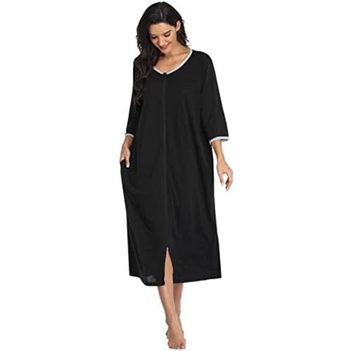 Women's Zip Up Housecoat Cotton Bathrobe Short Sleeve Sleepwear Full Length Stripe Loungewear with 2 Pockets