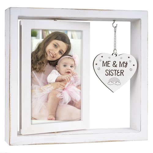 Me and My Sister Picture Frame, Newborn Christmas Gifts, New Baby Girl Gifts, Sibling Keepsake,Ideal Little or Big Sister Gift, Gender Neutral Nursery Decor Vintage Style Rotating Photo Frame 4x6