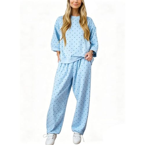 OLAPTA Women Polka Dot Two Pieces Tracksuits Set Polka Dots 3/4 Sleeve Loose Sweatshirt Drawstring Cinched Bottom Pants Set