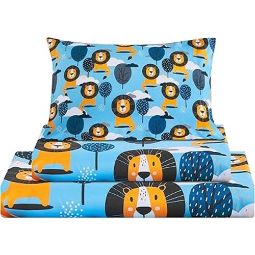 Viviland 3 Pieces Boys Blue Twin Sheet Set - Soft Microfiber Fitted Flat Sheets & Pillowcase - Lion Tree Bedding Sets - for Kids & Toddlers
