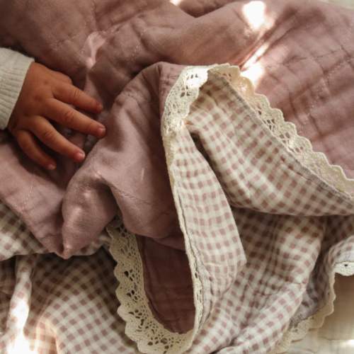 Mauve Solids + Gingham QUILTED 6 Layer Gauze Blanket