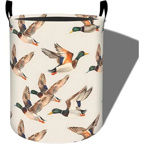 Rustic Cartoon Duck Laundry Basket, Foldable Oxford Cloth, Waterproof Dirty Clothes Hamper with Handles, Clothing Storage Bucket Toy Organizer for Bathroom Bedroom Dorm, 19.7"x15.7"