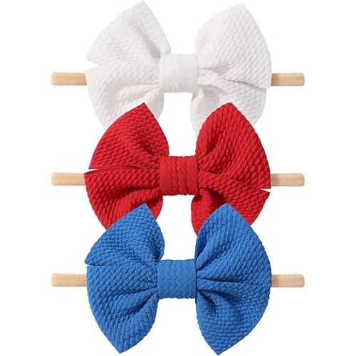 yoyokid 4th of July Headband, 3pcs Baby Girls Hairband Red White and Blue Bows Elastic Hair Bands Patriotic Accessories for Newborn Little Girls Kids Infant