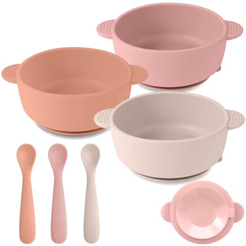 Eascrozn 3 Pack Baby Bowls with Suction and 3 Pack Baby Spoons, BPA Free, Silicone Baby Feeding Set for Babies Toddler Kids, Microwave and Dishwasher Safe