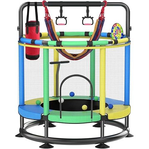Trampoline for Kids, Full Anti-Rust 440lbs Anti-Rollover Round Bottom Toddler Trampoline, T-handrail Adjustable Baby Toddler Trampolines Dart Board